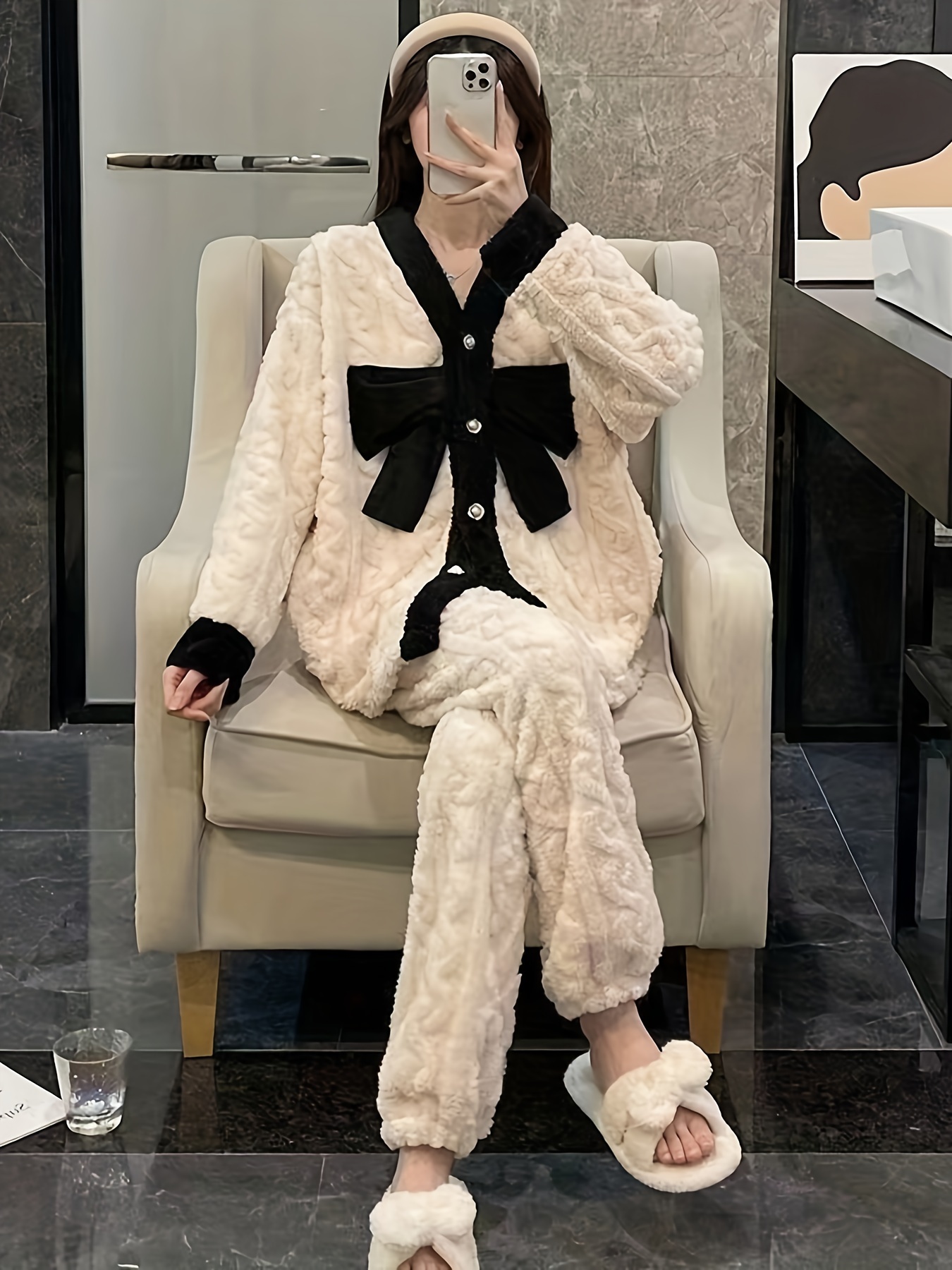 Elegant Bow Knot Decor Fleece Jacquard Pajama Set Long - Temu