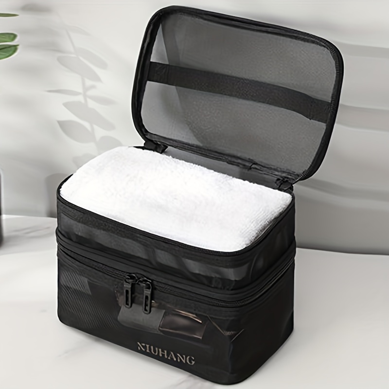 Portable Mesh Double Layer Cosmetics Bag Outdoor Large Capacity Toiletry Bag  Travel Storage Bag Wash Bag - Temu