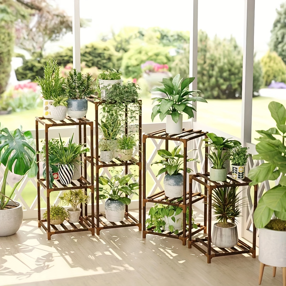Estante de bambú de 3 niveles para plantas, estantería de exhibición de  macetas al aire libre, estante organizador de macetas plegable colgante