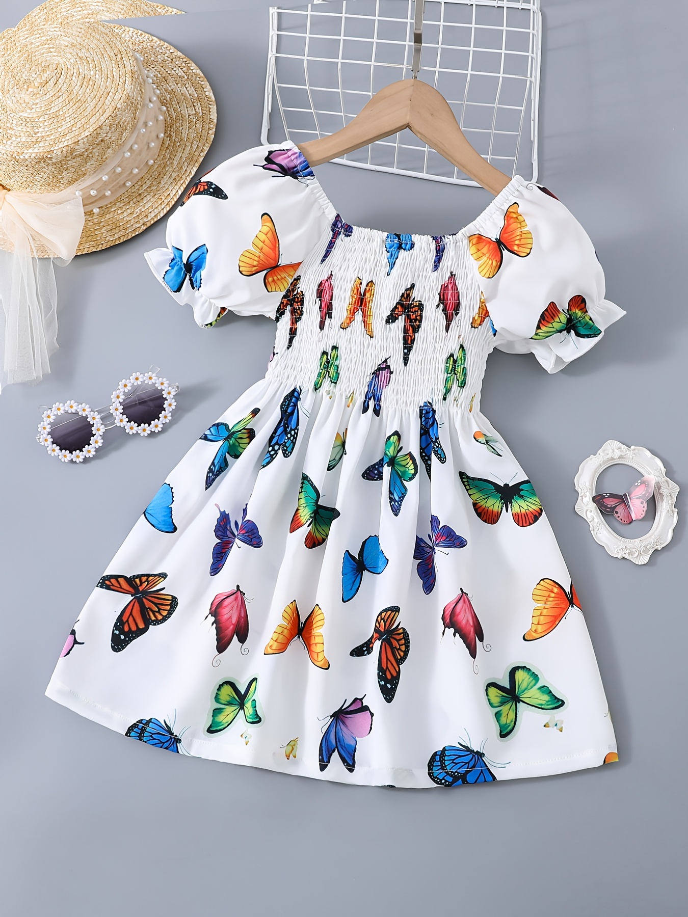 Girls Shirred Puff Sleeve Frill Trim Butterfly Pattern Party Dress Kids ...