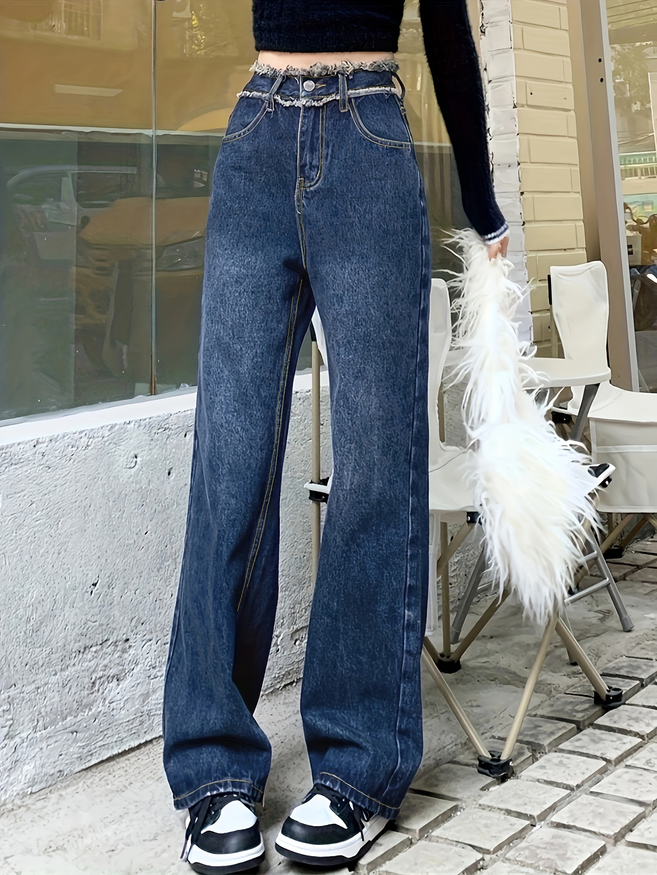 Jeans Rectos Cintura Alta Estampado Floral Pantalones - Temu