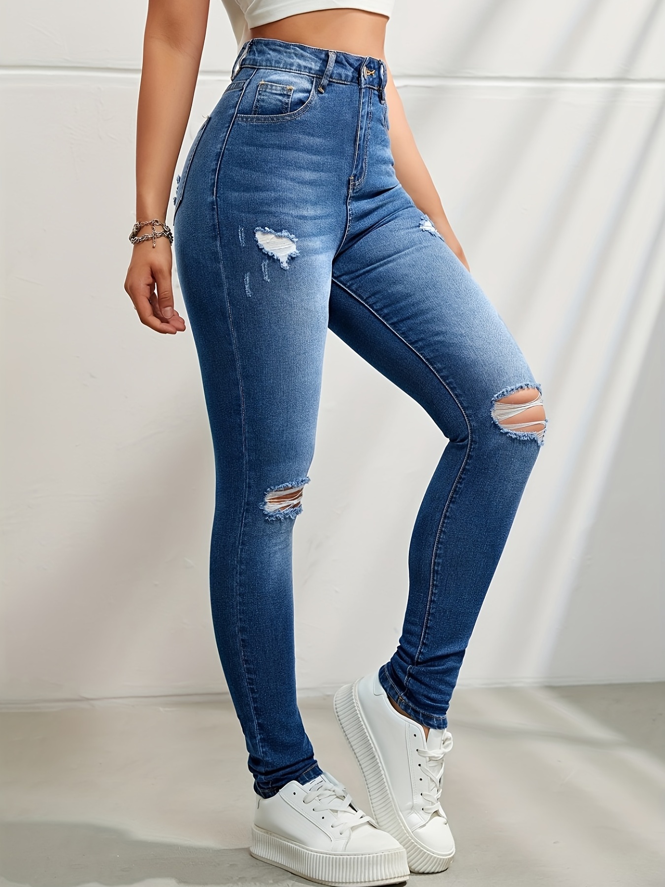 Blue Ripped Holes Skinny Jeans Slim Fit Distressed Slight - Temu