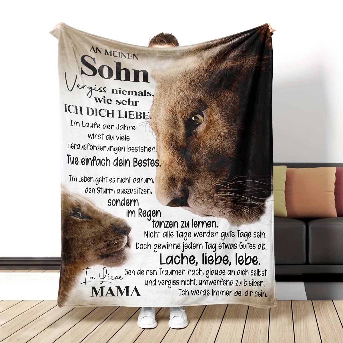 

1pc Mom To Son Lion Envelope Pattern Flannel Blanket, Soft Casual Warm Blanket, Office Throw Blanket, Outdoor Camping Travel Blanket