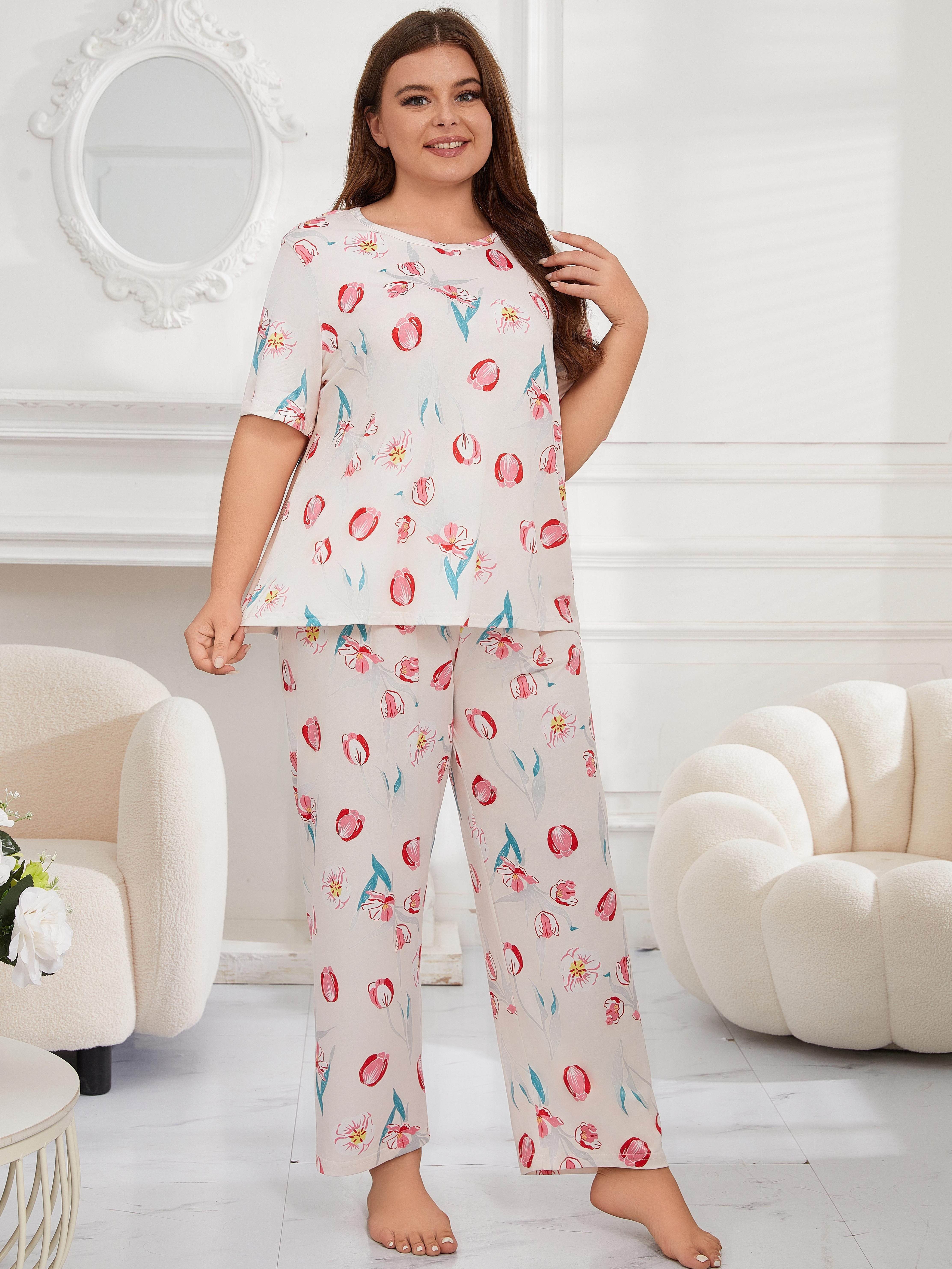 Plus Size Trendy Pajamas Set, Women's Plus Tulip Print Short Sleeve Medium  Stretch Tee & Pants Home Wear 2 Piece Set