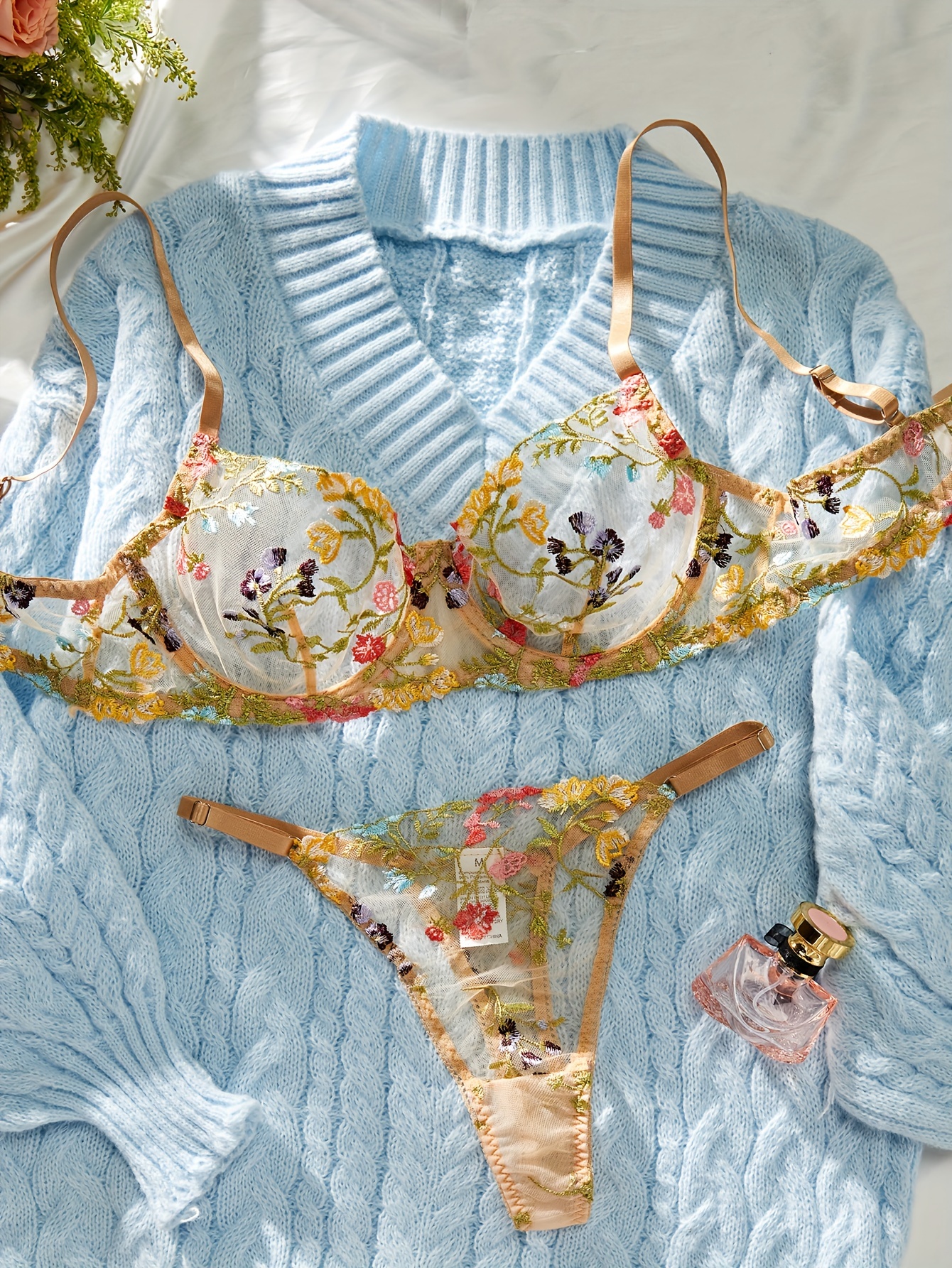 Romantic Floral Embroidery Lingerie Set Push Bra Thong - Temu