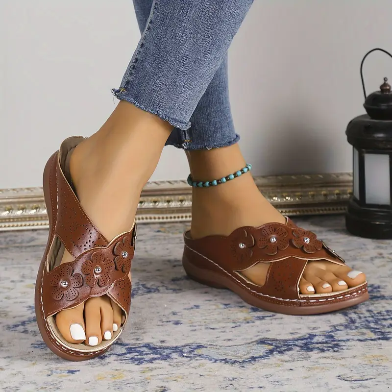 women s flower decor wedge heeled sandals casual open toe details 6