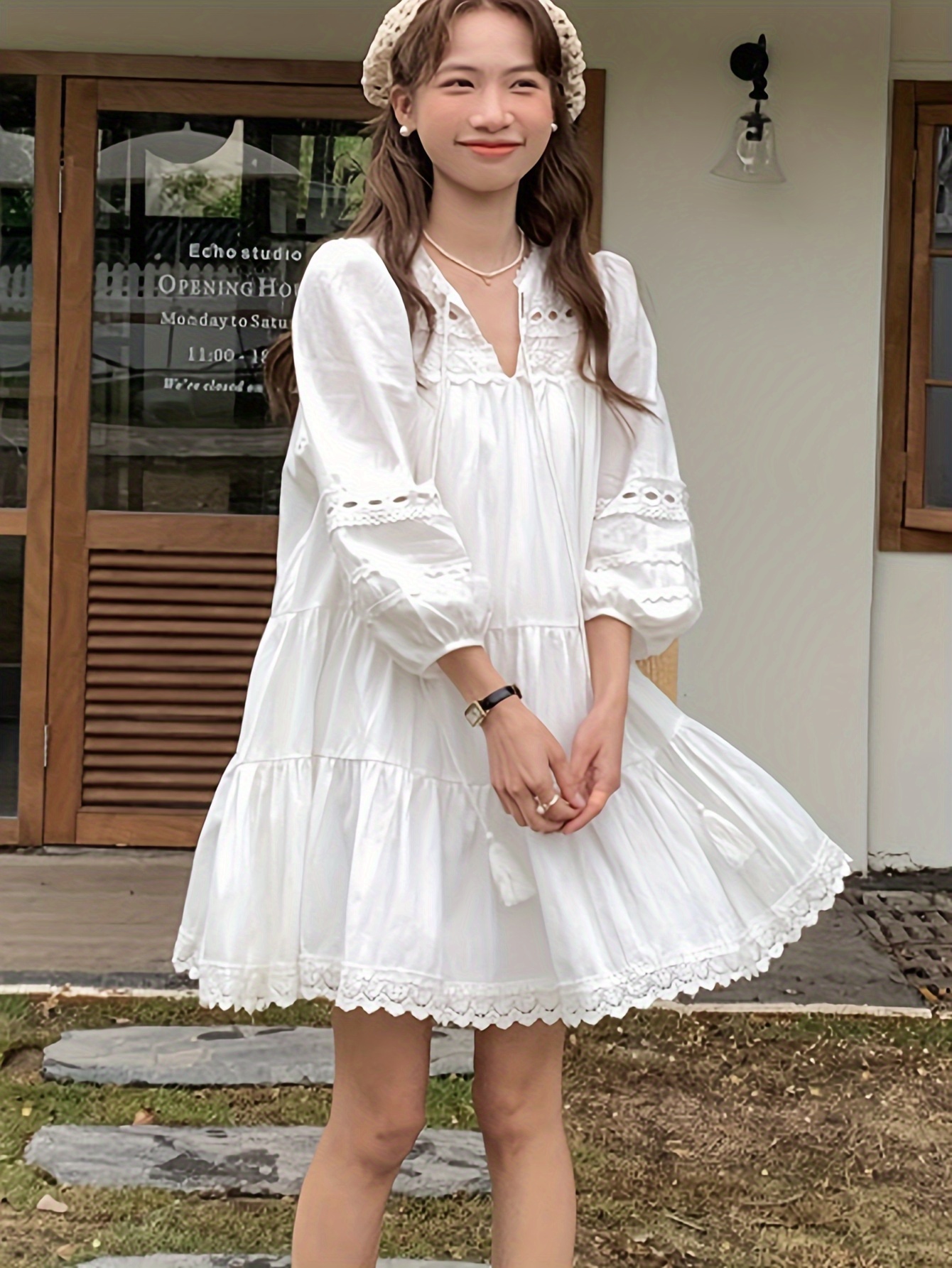 Women'S Korean Fashion V-Neck Ruffled Lace Long Sleeve White Shirt