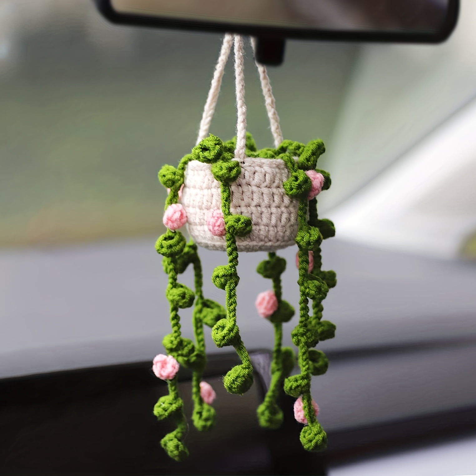 Small Macrame Plant Hanger, Rear View Mirror Charm, Simple