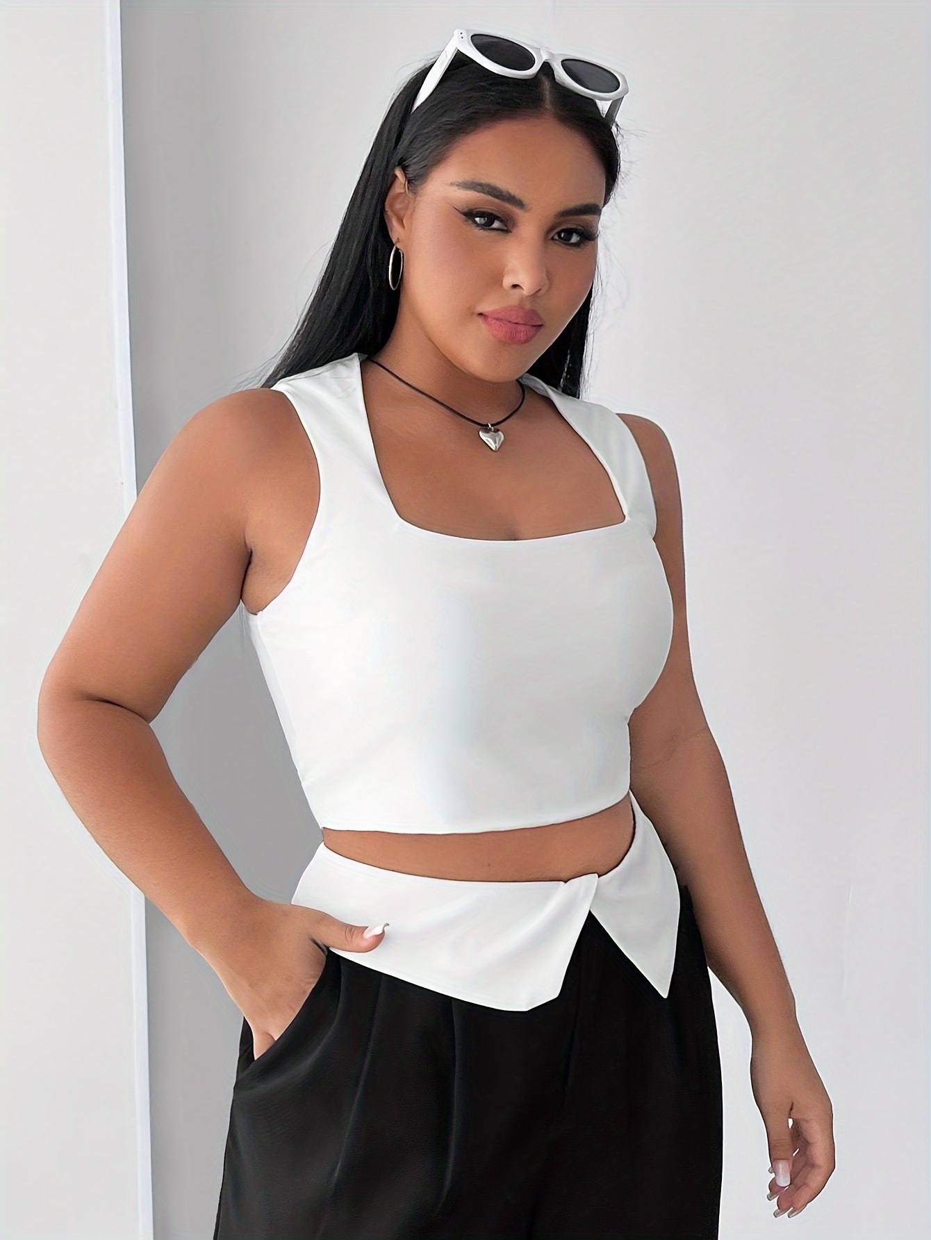 Plus Size Solid Crop Tank Top Square Neck Sleeveless Tank Temu South