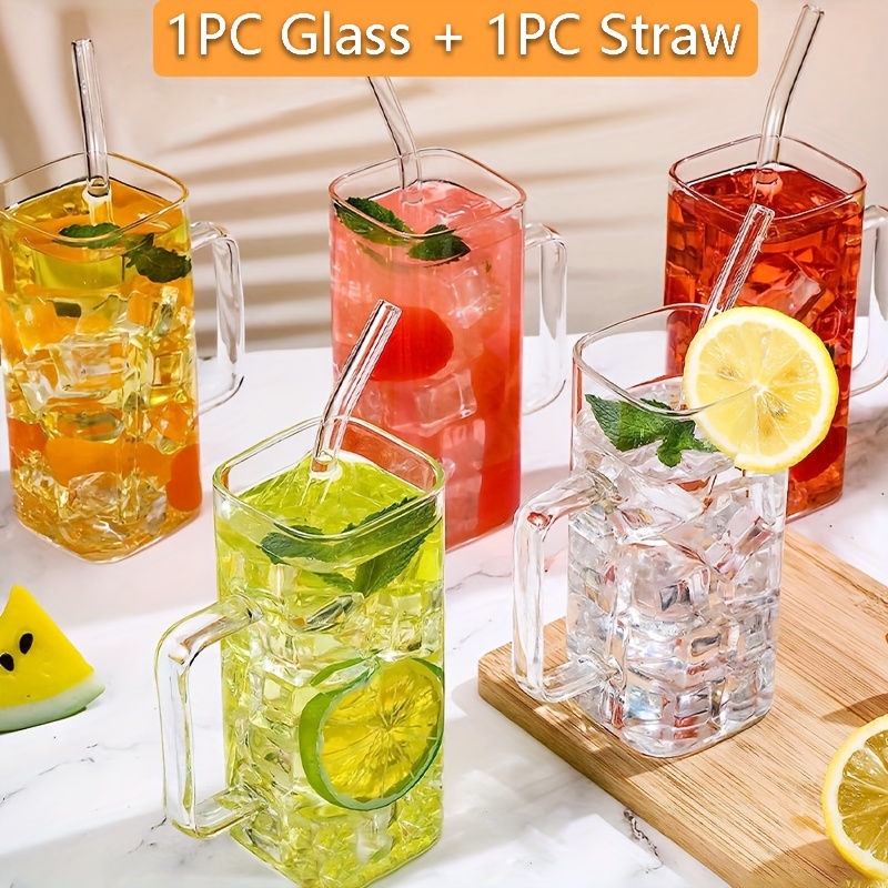 1pc Square Colored Handle Glass Cup For Juice, Coffee, Milk, Water