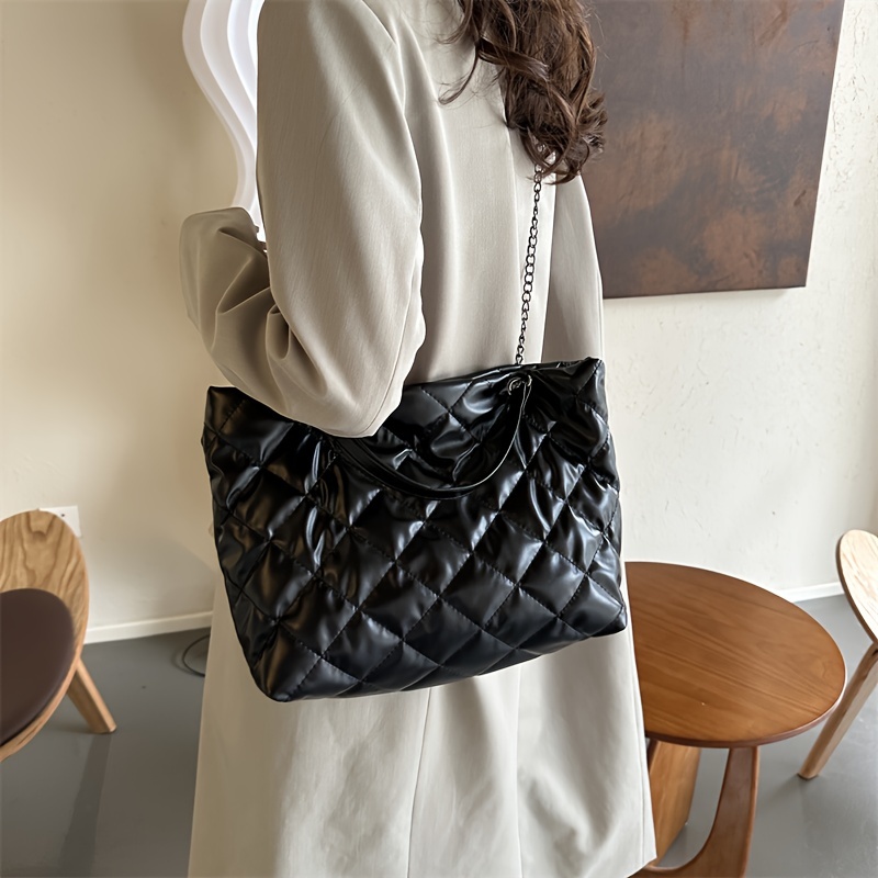 puffer quilted tote bag for women fashion padded shoulder bag large  capacity handbag with chain strap