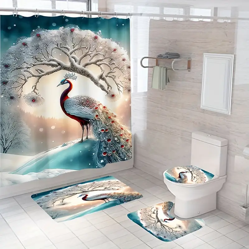 Beautiful Peacock Shower Curtain Set Bathroom Decor Set - Temu