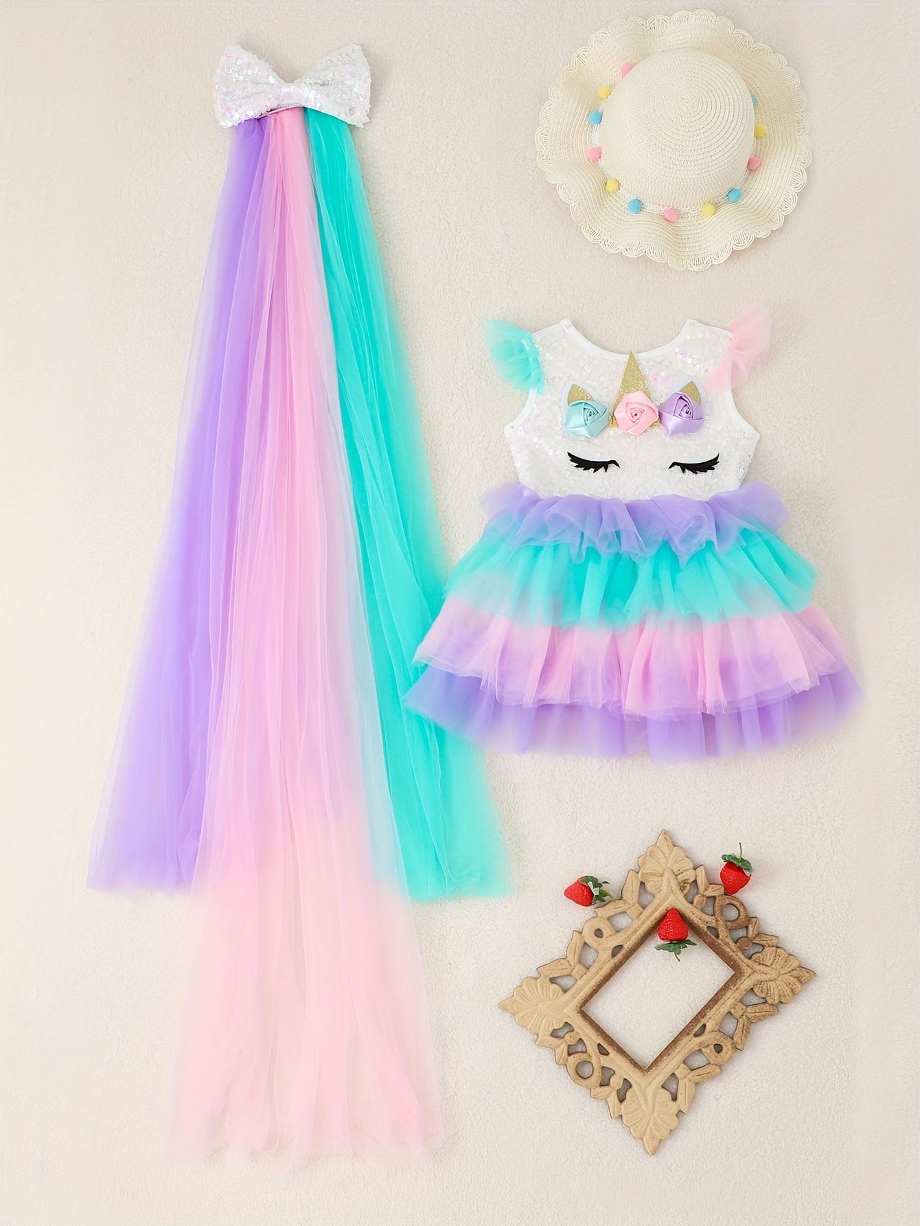 Disfraz de unicornio para niña, vestido de tutú de unicornio, diadema,  camisa y banda de satén.