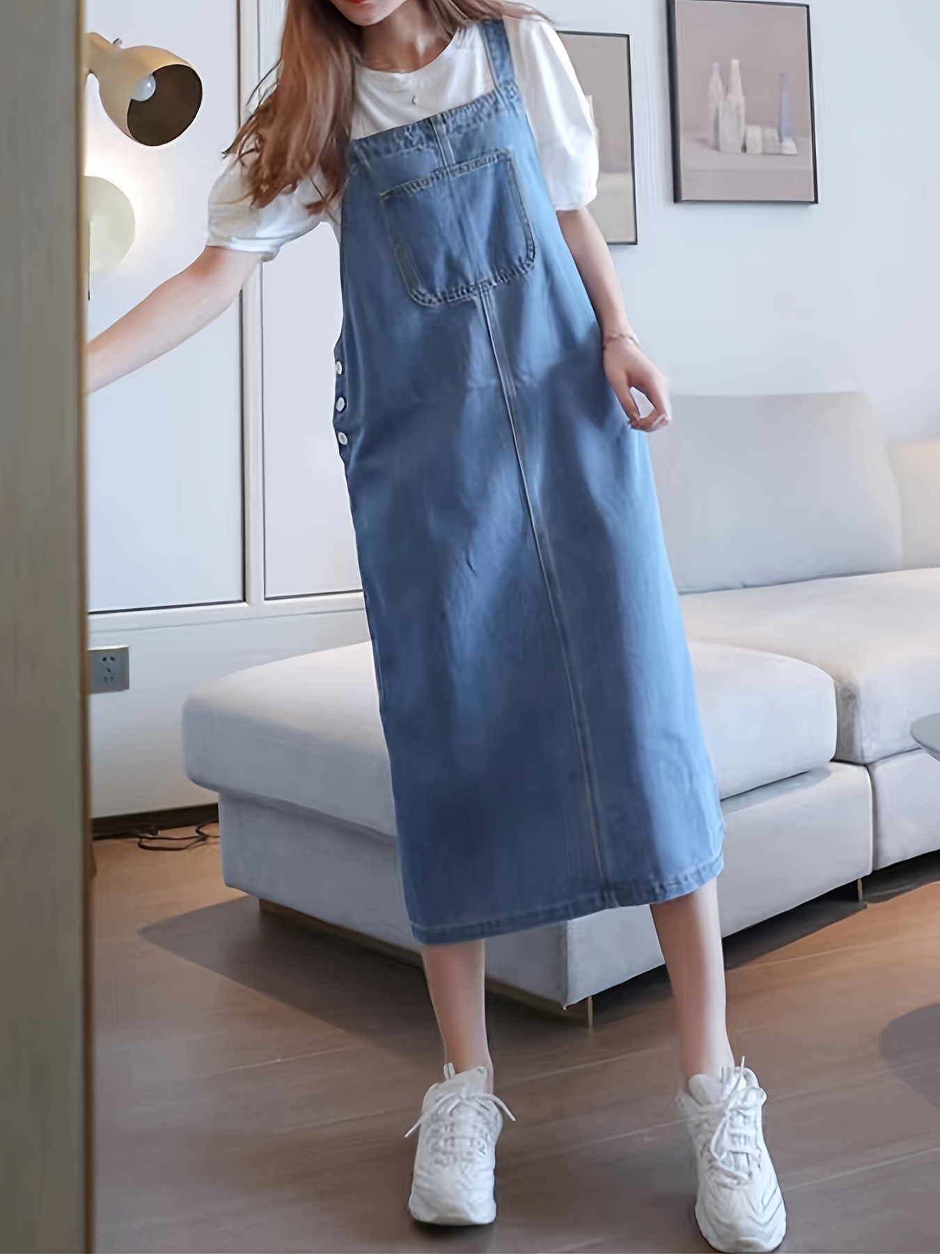 Blue Adjustable Straps Denim Overall Dress Non stretch Patch