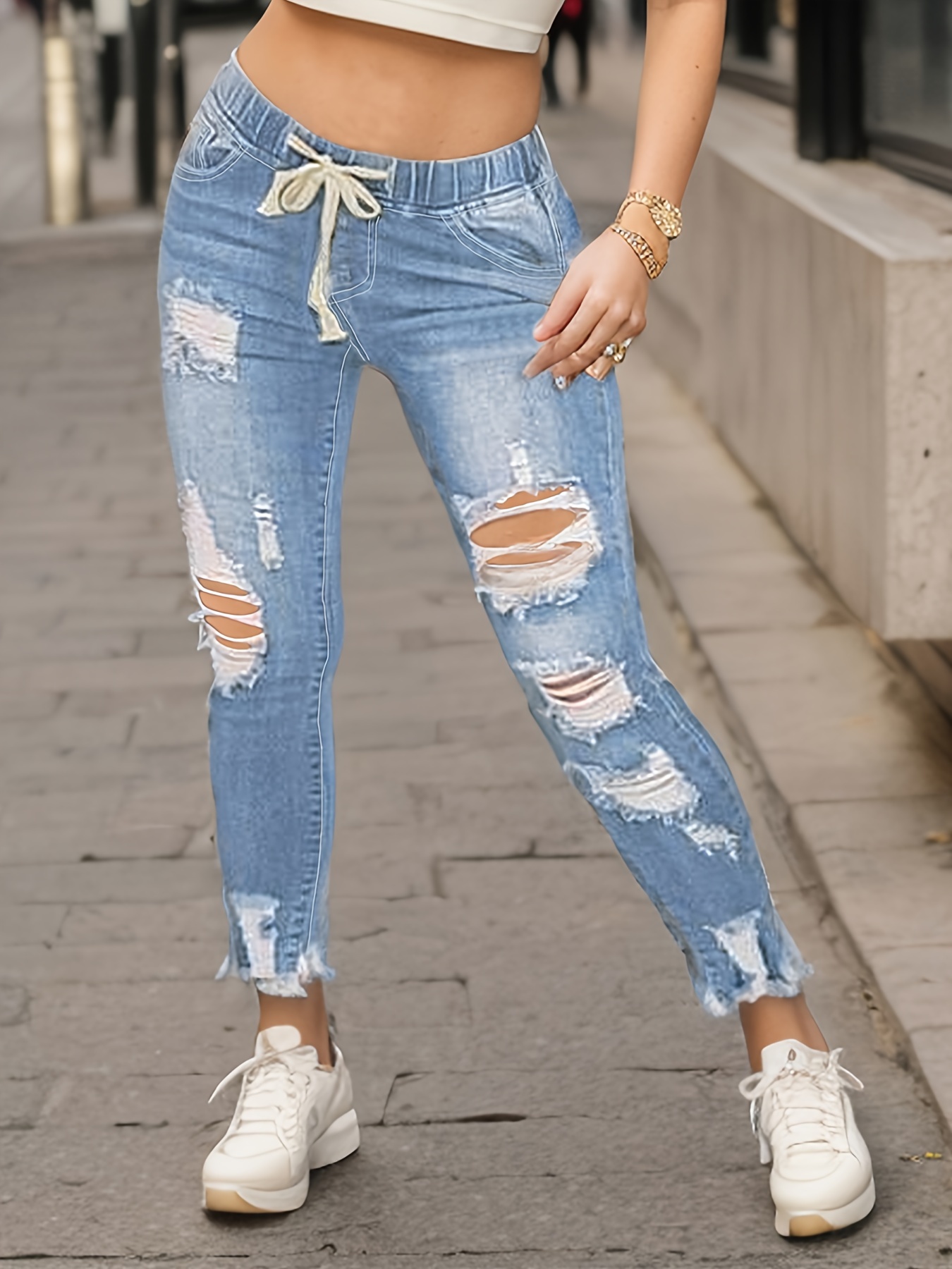 Regular jeans with frayed hem Woman, Blue