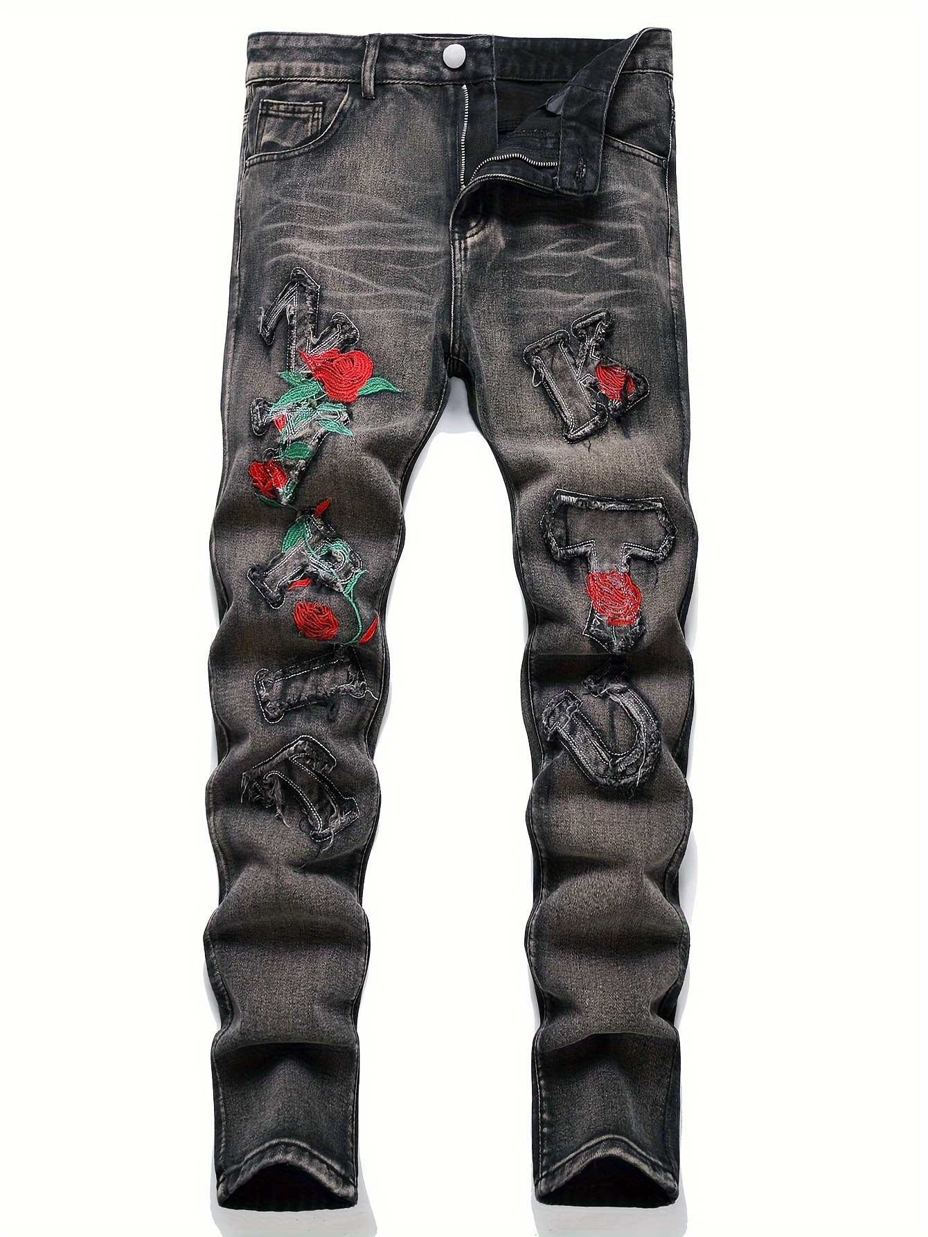 Men's Butterfly Embroidered Denim Jeans Trendy Slim Straight - Temu