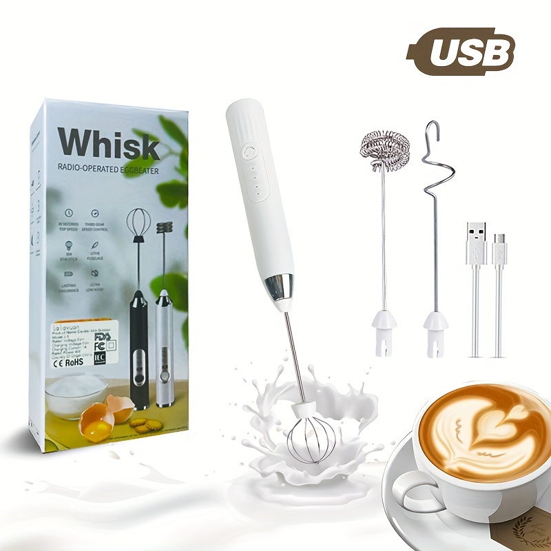 Electric Milk Frother Handheld White USB Rechargeable Drink Mixer