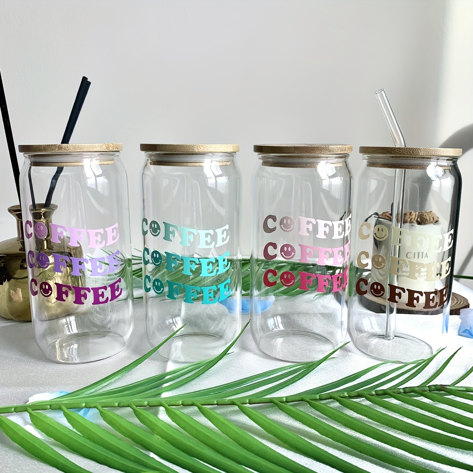 Coffee Glass Can With Bamboo Lid & Glass Straw - Enjoy Your Coffee In  Style! - Temu Japan