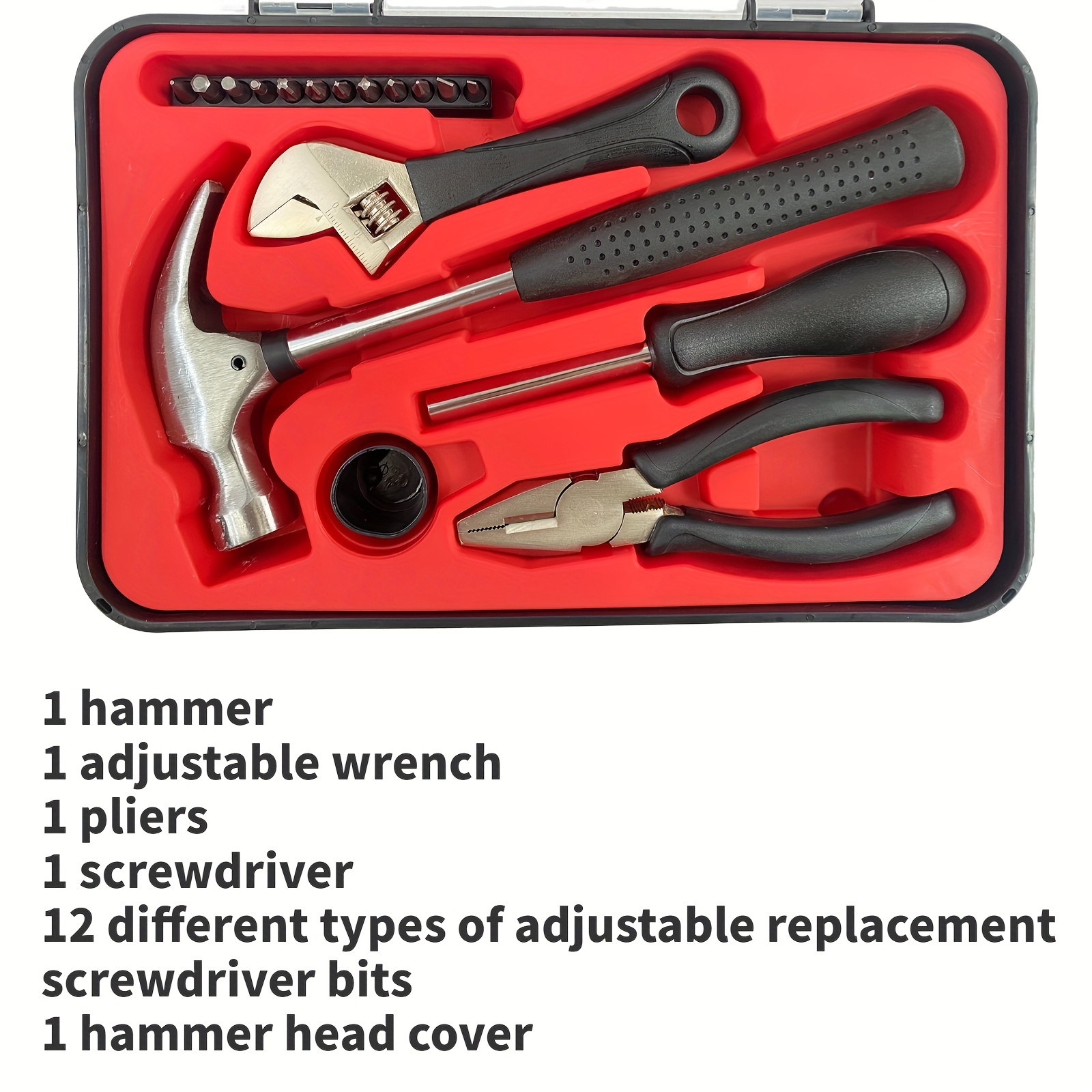 Basic tool kit. Set of 17 pieces. Screwdriver, pliers, hammer