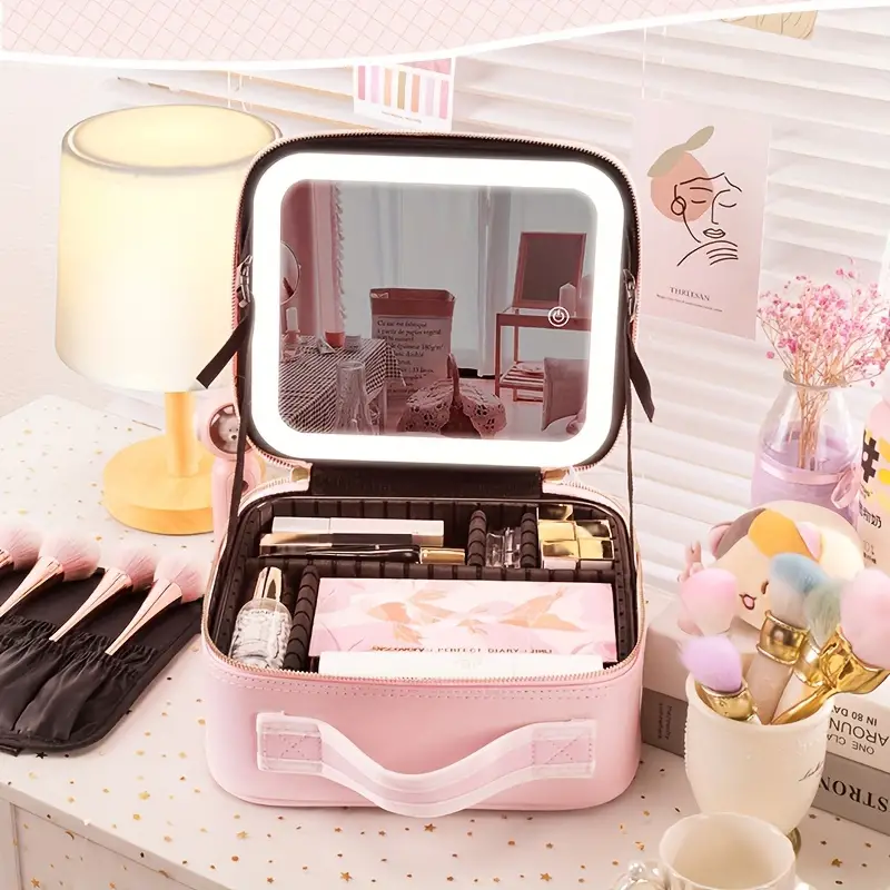 Makeup Bag With Mirror And Light 3 Colors Travel Makeup Bag - Temu
