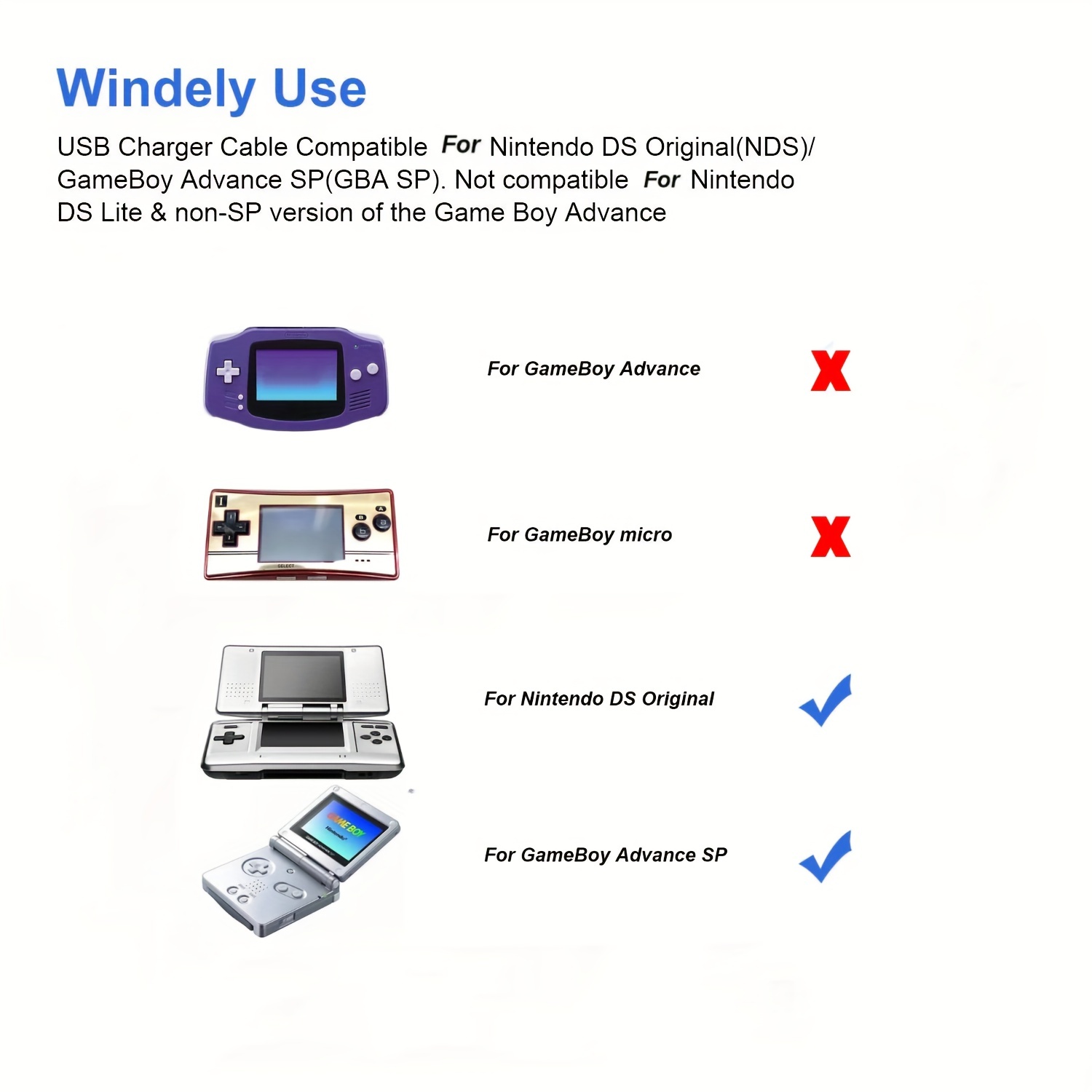 Câble de chargeur FunTurbo GBA SP, cordon de charge Gameboy Advance SP  cordon de chargeur NDS pour USB et alimentation d'origine Nintendo DS 
