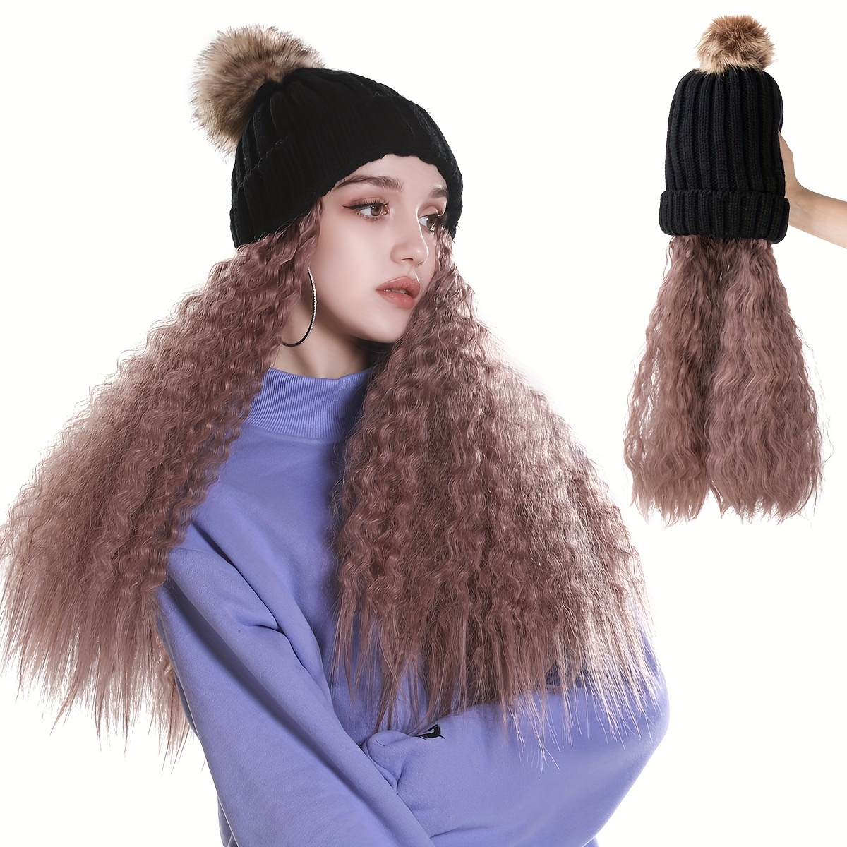 Femmes Bonnet de bonnet avec cheveux Postiche synthétique attaché Pom  capuchon tricoté chaud14inch long ondulé Extensions de cheveux bouclés