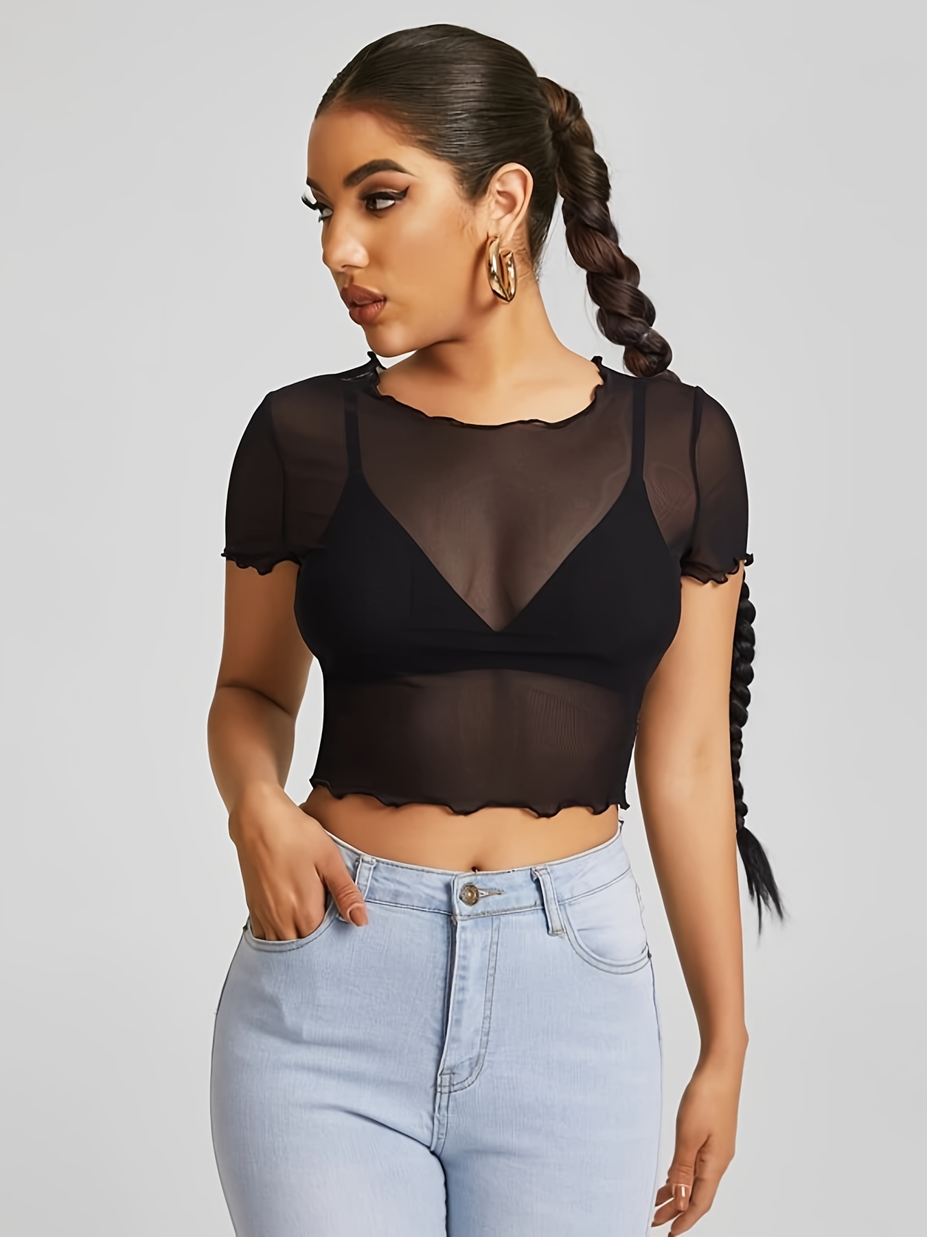 Floral Embroidered Mesh Crop Top, Sexy See Through Crew Neck Short Sleeve  Top, Women's Clothing