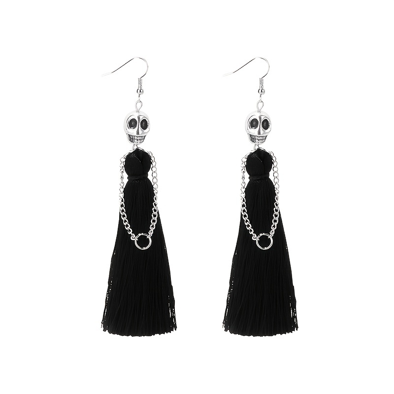 Image of Halloween Skeleton Bride Design With Threads Tassel Dangle Earrings Goth Alloy Jewelry Festival Ear Ornaments