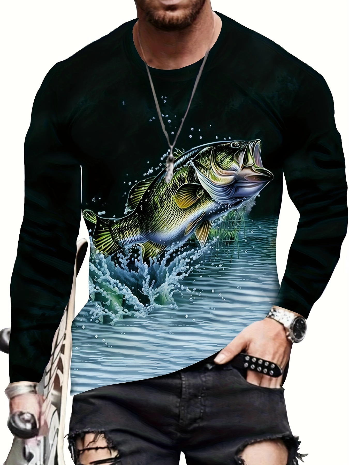 Print Crew Neck Long Sleeve Tee, T Shirt, Men's Slight Stretch Vacation Stylish Fish Pattern Casual Breathable Top Street Outdoor Ties Shirt Tee