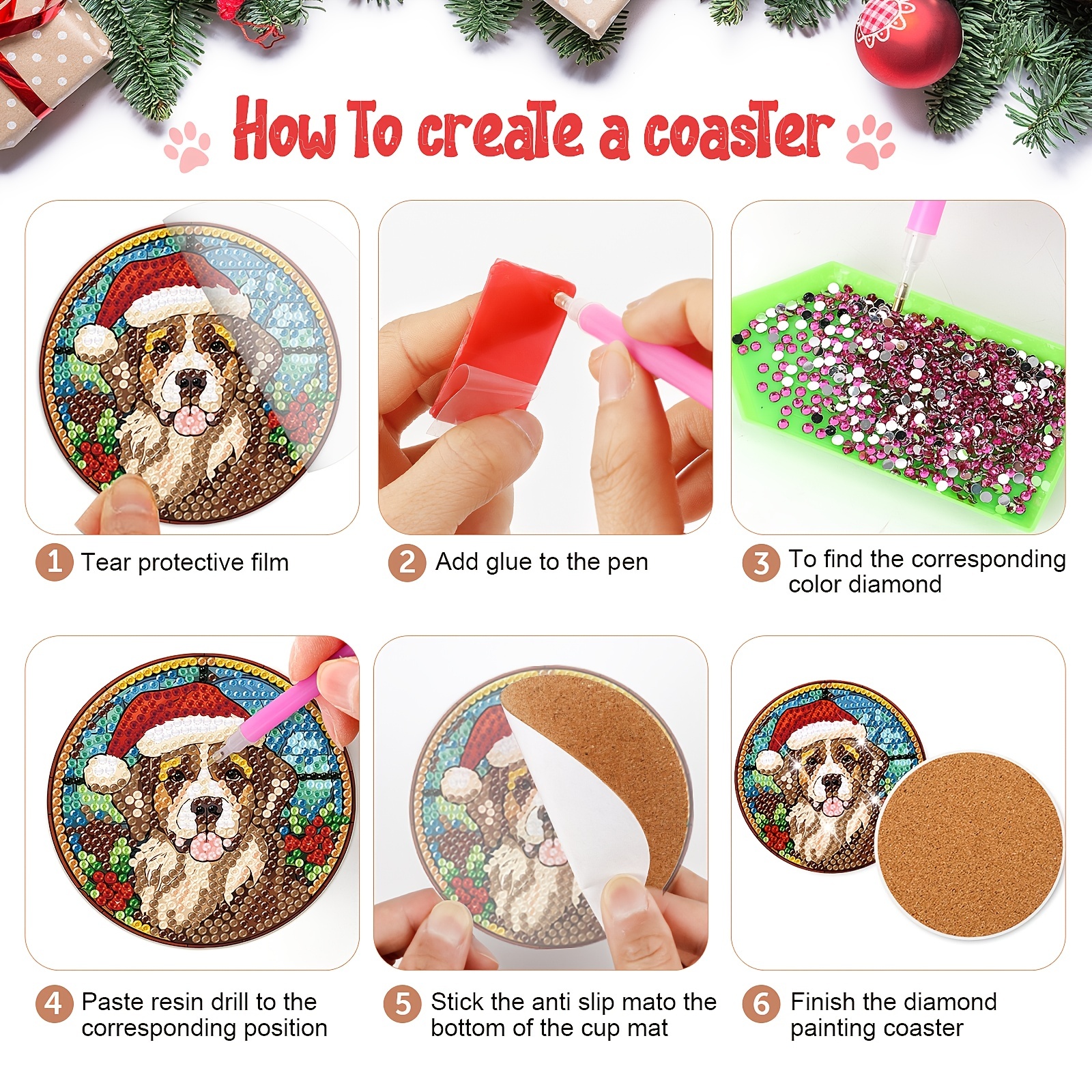 Christmas Wreath Dog Diamond Art Coasters Kit Diy Diamond - Temu