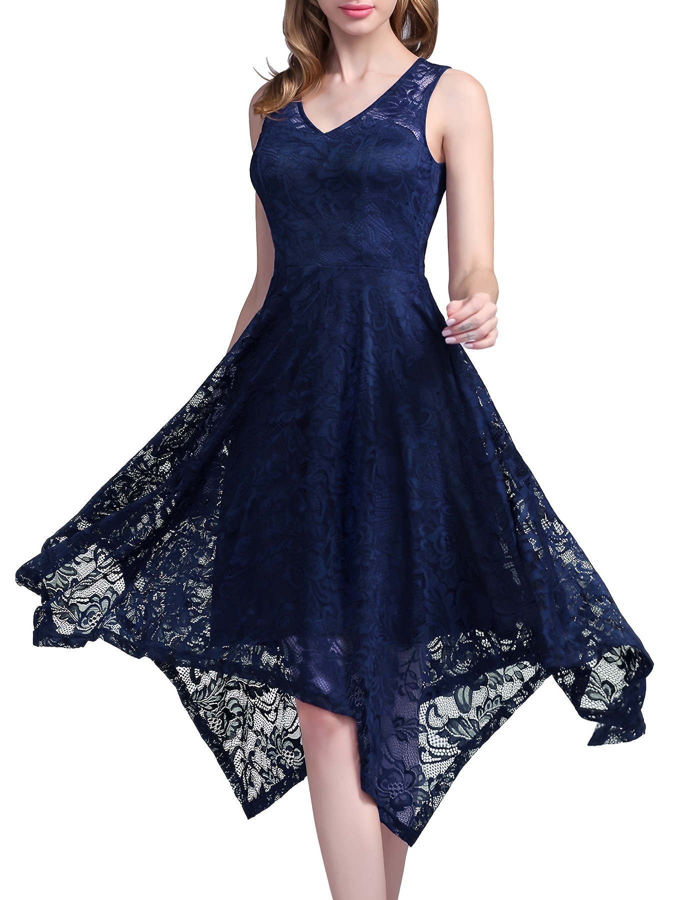 Asymmetrical Hem Lace Dress Elegant V Neck Sleeveless Tank - Temu
