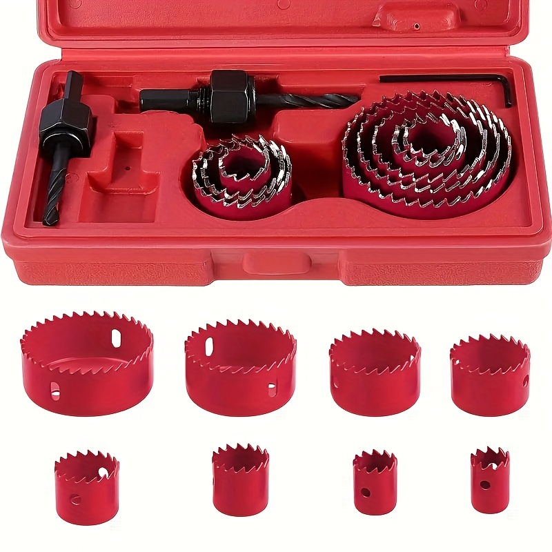 

11pcs Hole Saw Set, Hole Saw Kit With 8pcs Saw Blades 3/4" - 2-1/2 "(19mm-64mm) Hole Saw, Mandrels, Hex Key, Ideal For Soft Wood, Pvc Board, Plastic Plate Drilling, Red