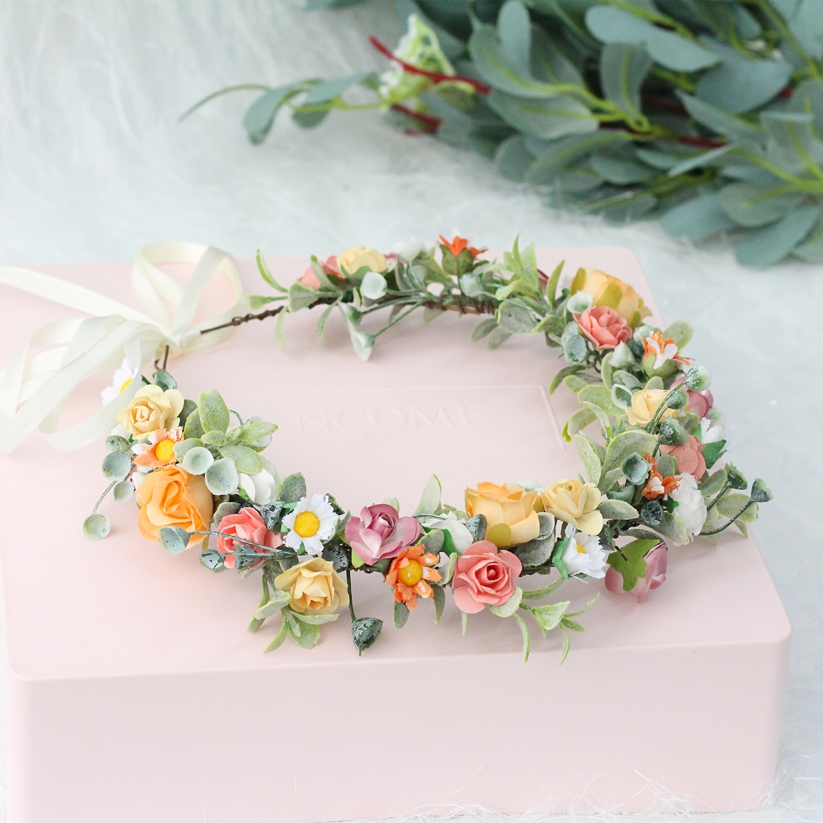 Corona de flores para mujeres y niñas, diademas florales con cinta elástica  para novia, dama de honor, tocado de hada para fiesta, boda, playa