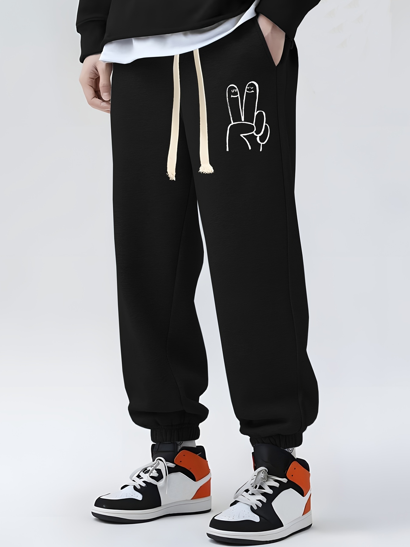 V sign Print Men's Sweatpants Casual Drawstring Jogger