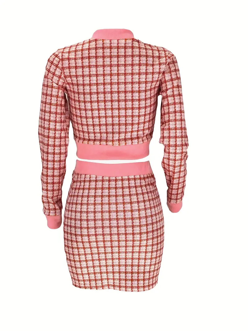 elegant plaid matching two piece set crop zip up jacket bodycon skirt outfits womens clothing details 48