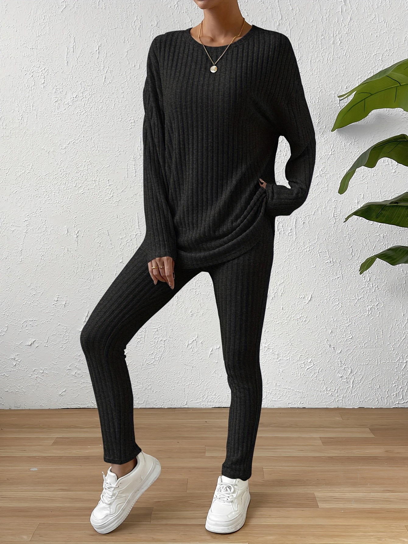 Casual Ribbed Knit Two piece Set Long Sleeve Crew Neck Top - Temu