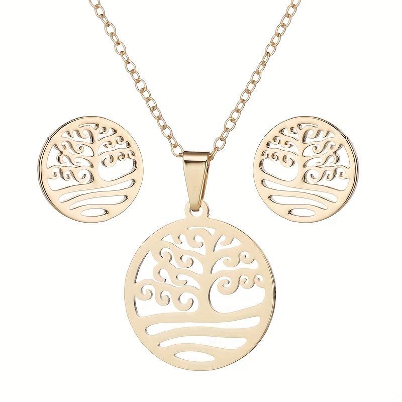 Stainless Steel Monstera Pendant Necklace Set