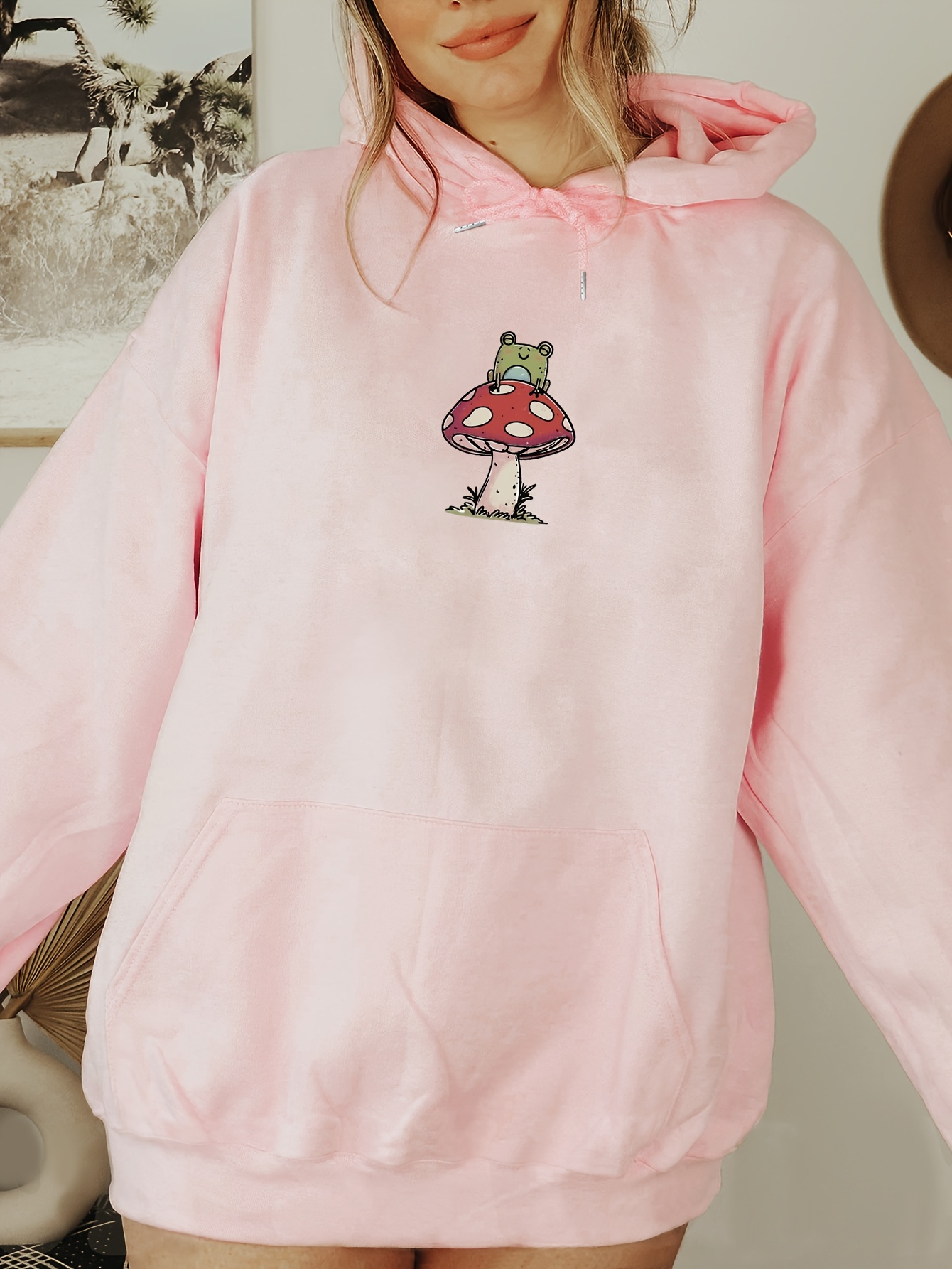 Mushroom Frog Print Drawstring Hoodie Casual Long Sleeve - Temu Canada