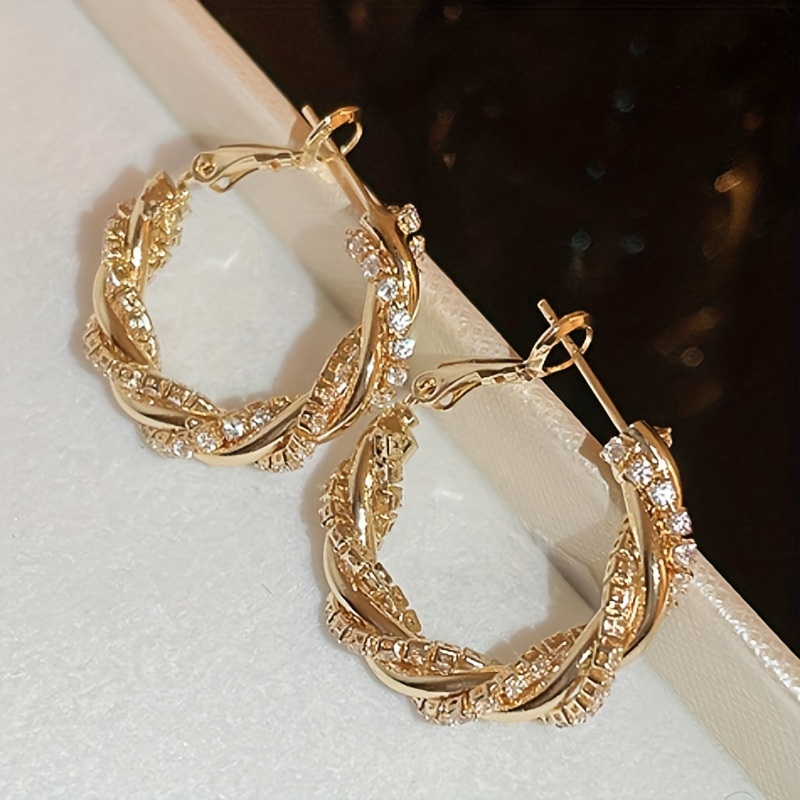 Women's 18K Plated Golden Twist Hoop Earrings with Zircon Decor