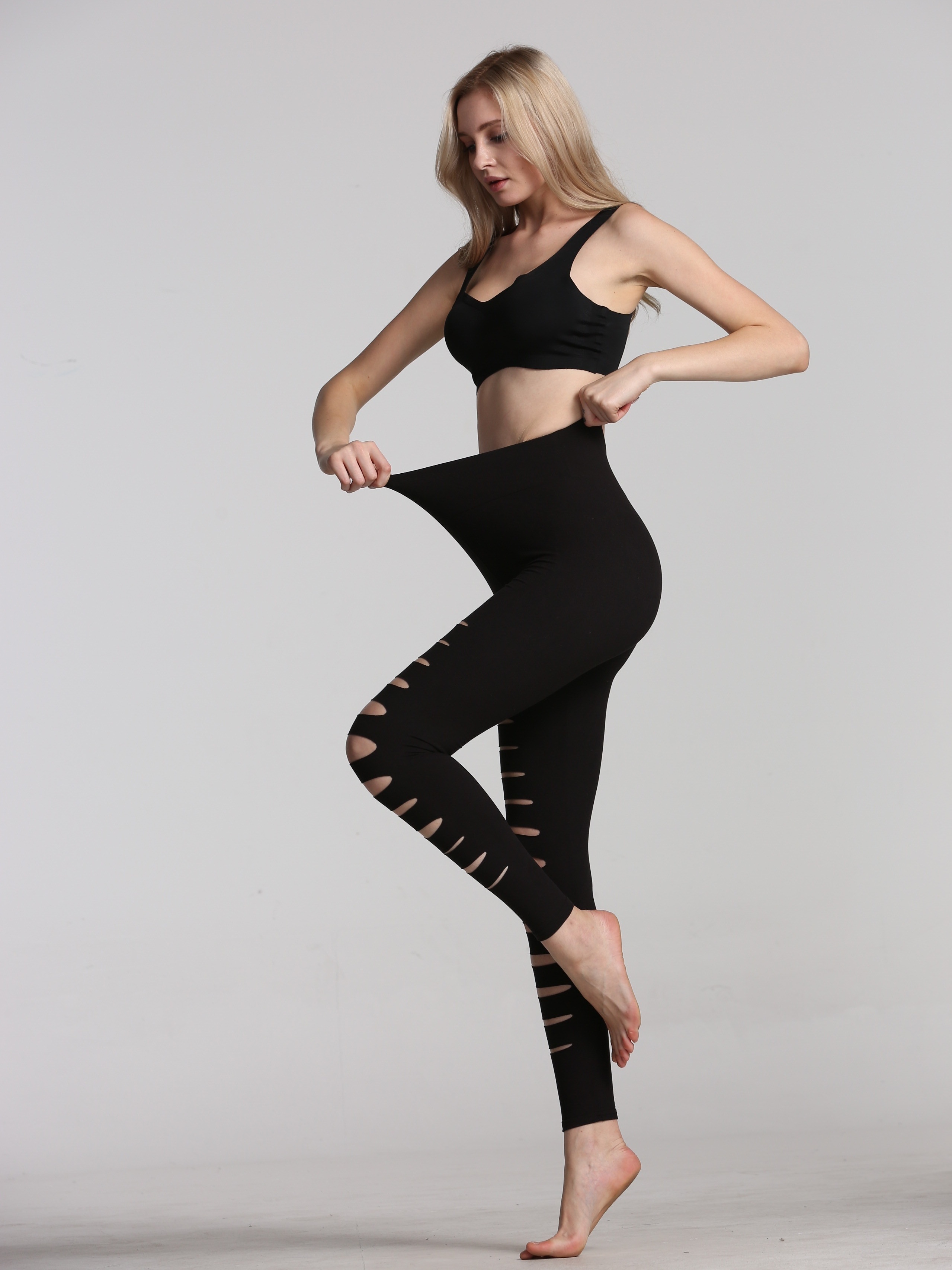 Women's Activewear: Black Cutout Ripped Yoga Leggings High - Temu