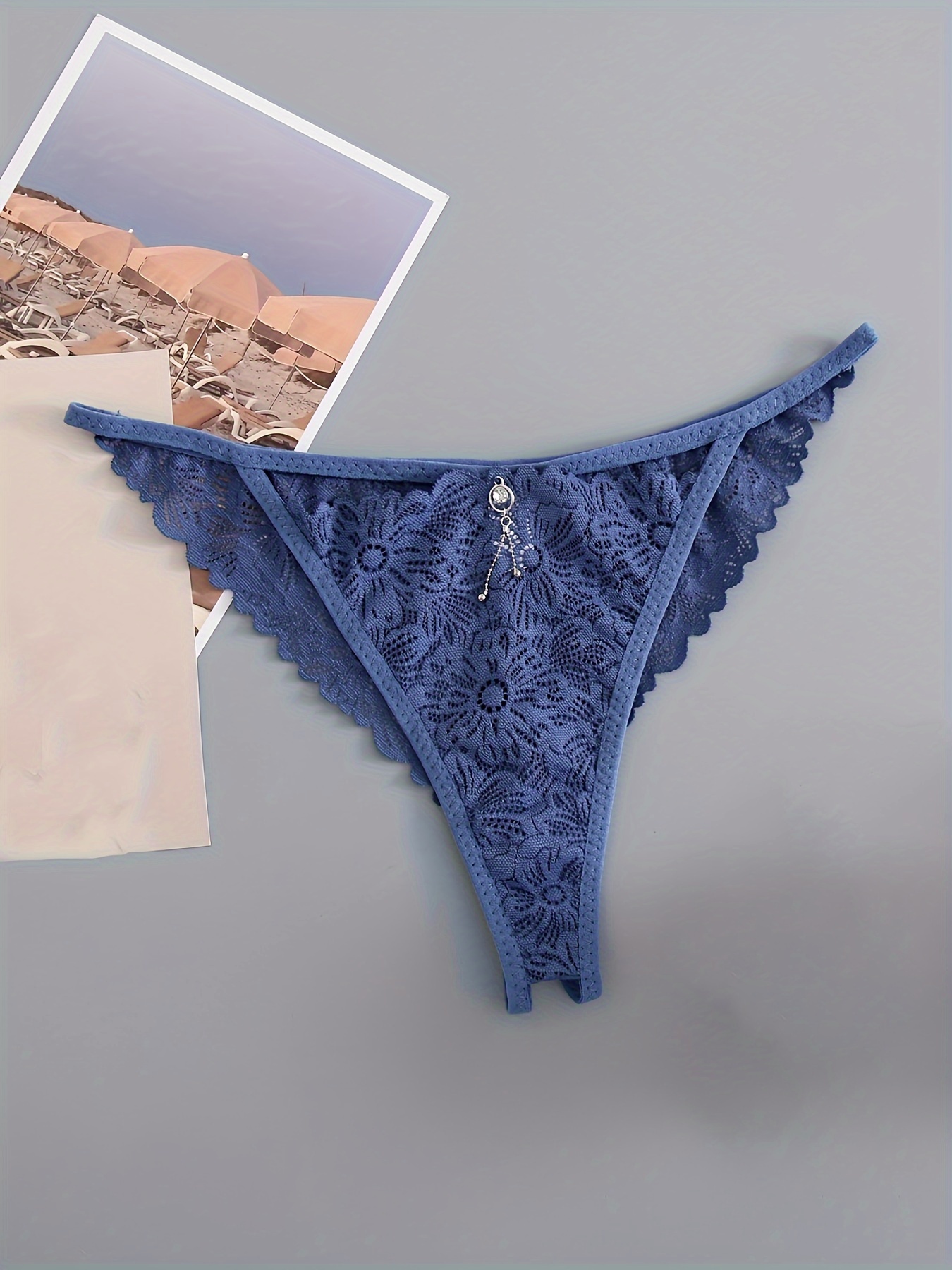 Floral Lace Thongs Sexy Rhinestone Decor Open Crotch Panties - Temu