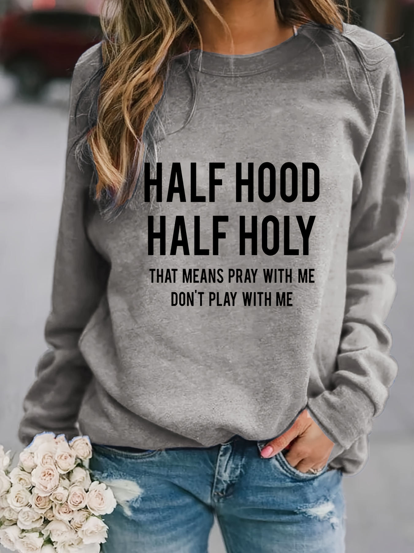 Half Hood Half Holy Print Sweatshirt Long Sleeve Crew Neck Temu