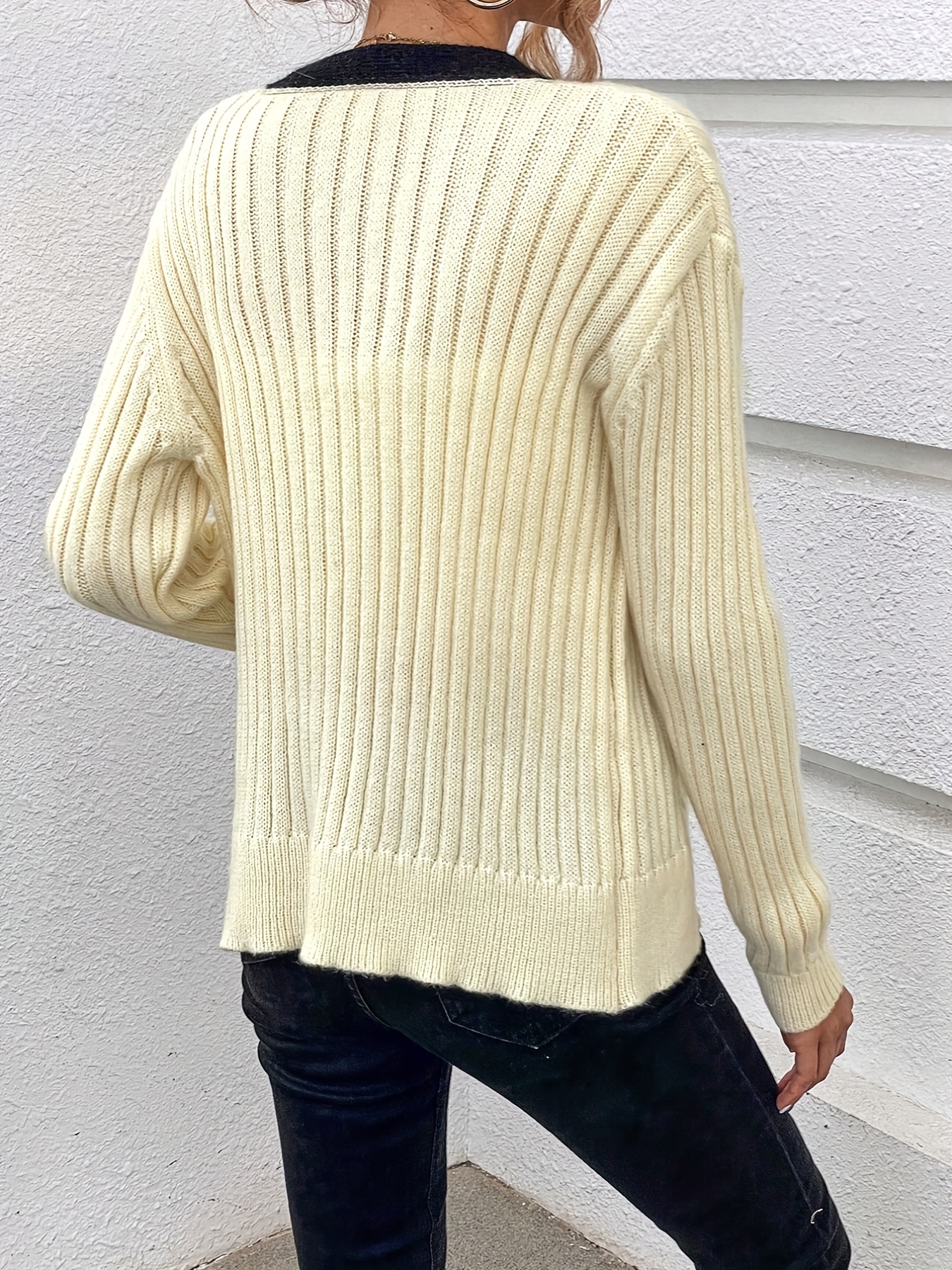 Color Block Button Down Knit Cardigan, Casual Long Sleeve Sweater With  Pocket, Women's Clothing - Temu United Arab Emirates