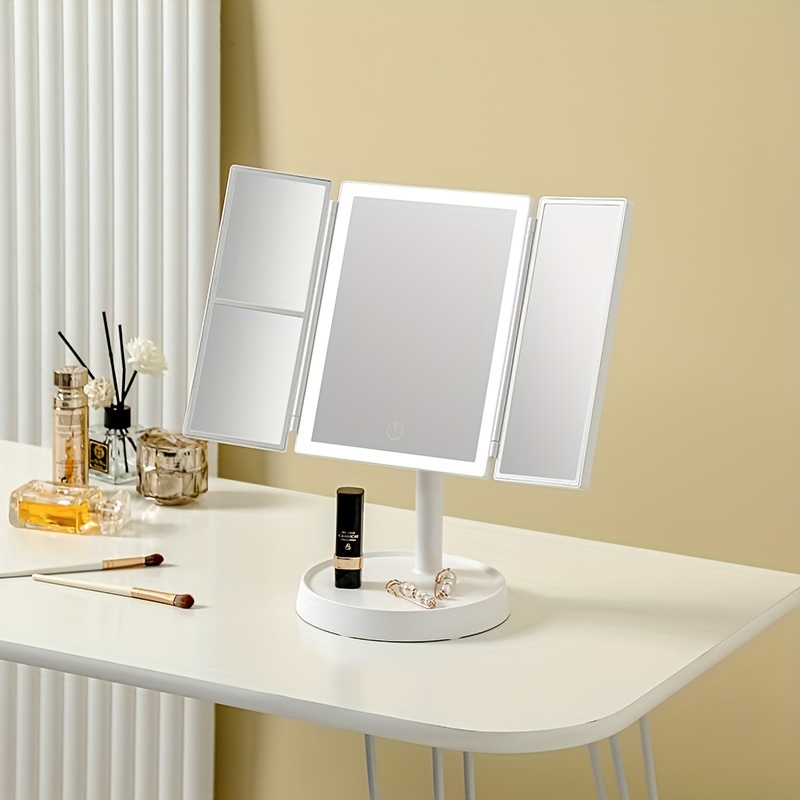 Espejo de maquillaje plegable con luz LED, espejo de tocador de