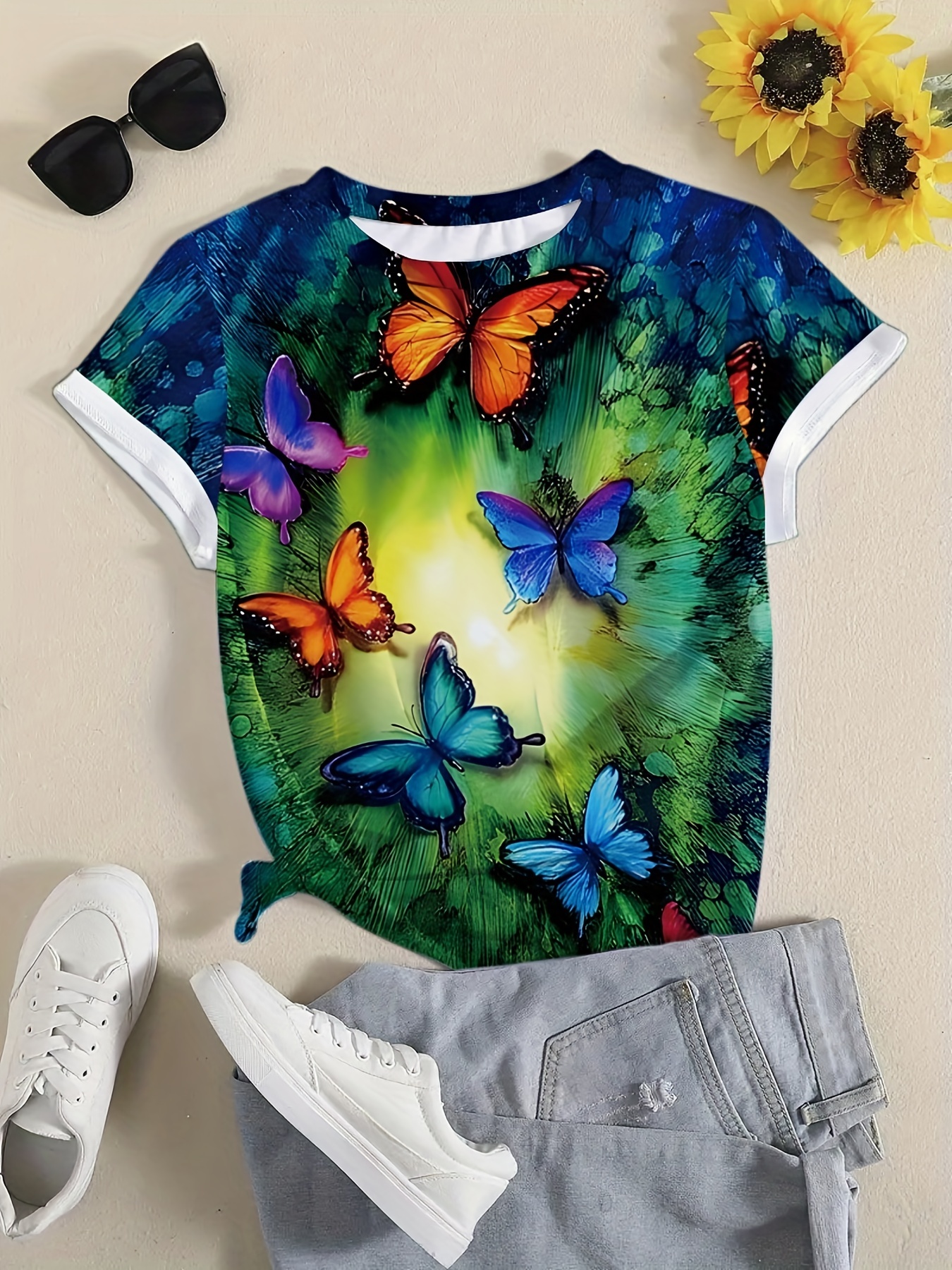 Colorful Butterfly Print Crew Neck T shirt Casual Short - Temu