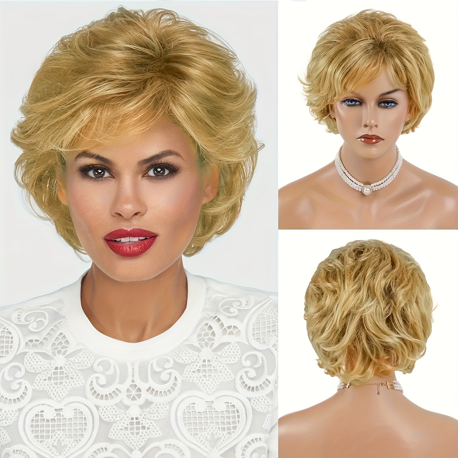 Synthetic Blonde Short Pixie Cut 8 Inch Hair Daily Party Wig For Women Natural Curly Wave Style Stylish Mommy Wig With Bangs