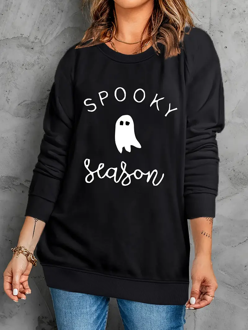 halloween ghost print sweatshirt casual long sleeve crew neck sweatshirt womens clothing details 0