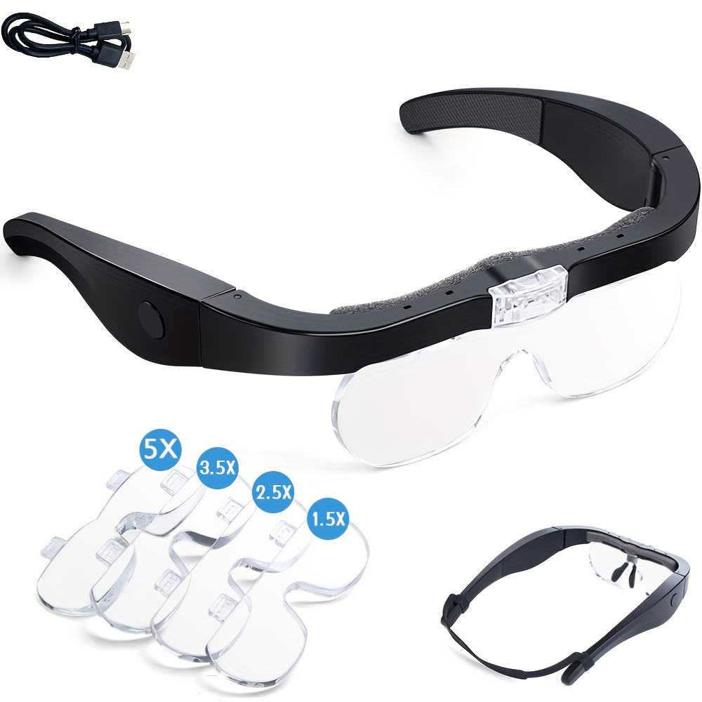 Rechargeable Magnifying Glasses, Head Magnifier Glasses with 2 LED Lights  and Detachable Lenses 1.5X, 2.5