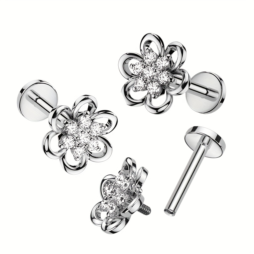 

Hollow Flower Earring With Cz Center Top 316 Stainless Steel Internally Threaded Labret, Flat Back Stud, Cartilage And More