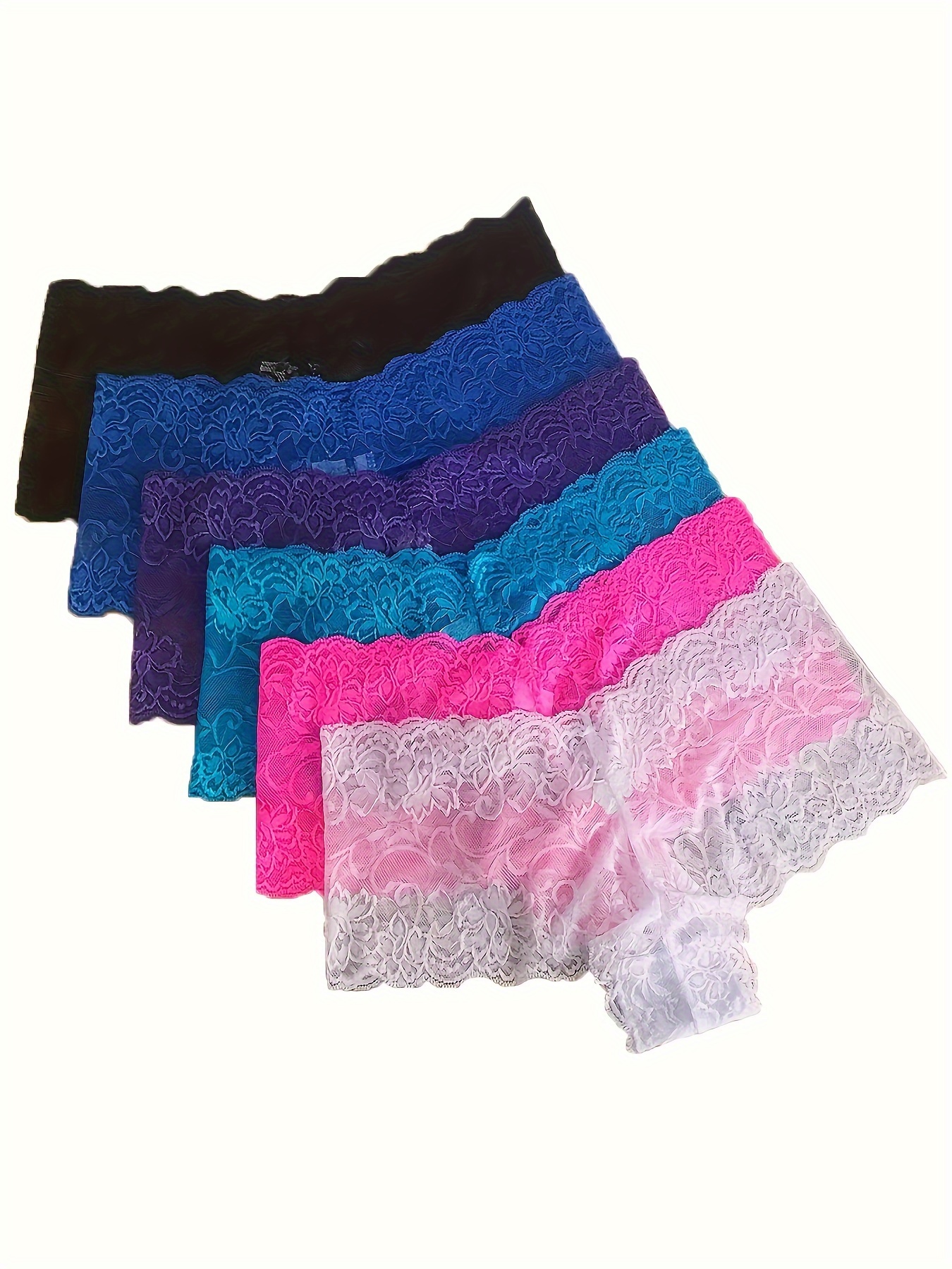 5pcs Floral Lace Boyshort Panties, Thin Semi-Sheer Wave Trim Panties,  Women's Lingerie & Underwear